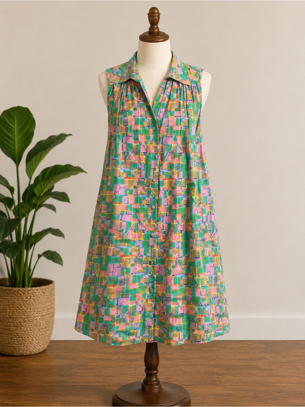 NWT Laroque Sleeveless Mosaic Print Shirt Dress - Green Multicolor